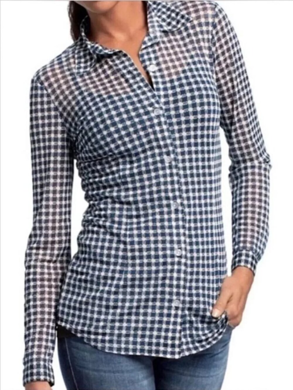 Cabi Women's #736 Semi Sheer Mesh Plaid Button Down Shirt size XL